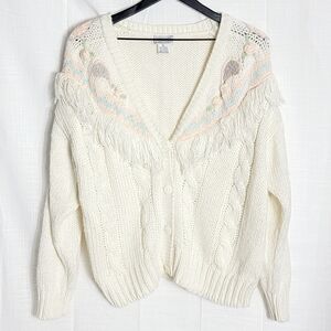 Vintage Spice Of Life Fringe Cable Knit V-Neck Women's Cardigan Sweater Size L